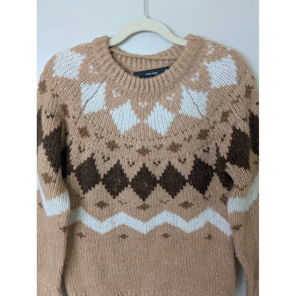 VERO MODA Fair Isle Geometric‎ Pattern Knit Sweater Women Size XS Camel Brown